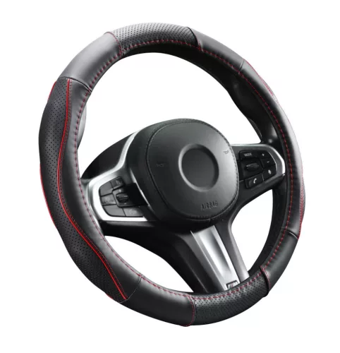 Valódi bőr kormányvédő szellőző lyukacsos  Piros betétes mintával - 40cm