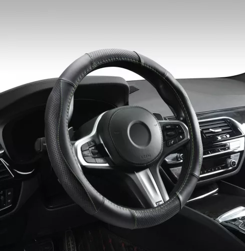 Valódi bőr kormányvédő szellőző lyukacsos Zöld varrásos mintával