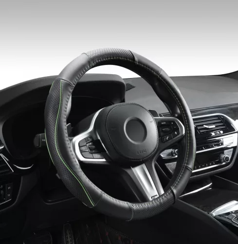 Valódi bőr kormányvédő szellőző lyukacsos  Zöld betétes mintával