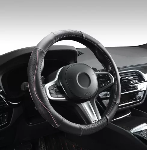 Valódi bőr kormányvédő szellőző lyukacsos  PINK betétes mintával