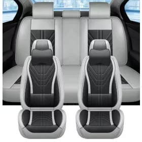  13 részes Prémium Magas minőségű Műbőr üléshuzat szett nyakpárnákkal - Légzsákos - Osztható - Fekete/Sötét szürke színben