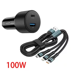   02ACSET Gyors töltő USB/USB-C + 3 az 1-ben töltő különböző töltőfejekkel - 5A 100W 12-24V