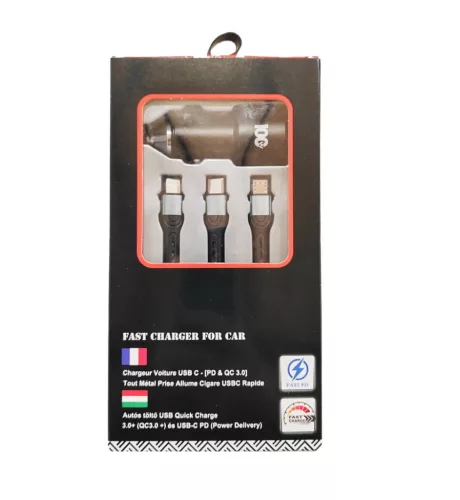 02ACSET Gyors töltő USB/USB-C + 3 az 1-ben töltő különböző töltőfejekkel - 5A 100W 12-24V