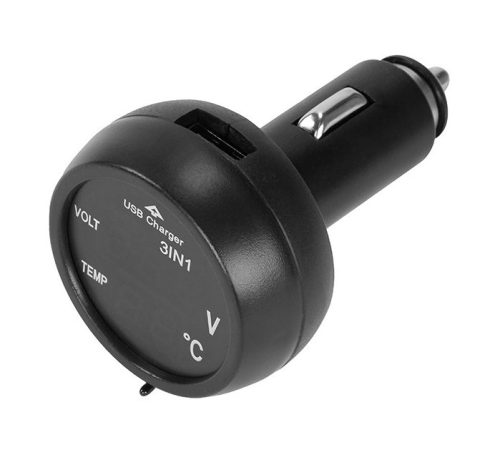 USB-s autós töltő, voltmérővel és LCD digitális hőmérővel, szivargyújtó csatlakozás 12/24V