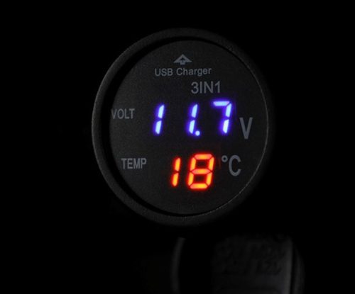 USB-s autós töltő, voltmérővel és LCD digitális hőmérővel, szivargyújtó csatlakozás 12/24V