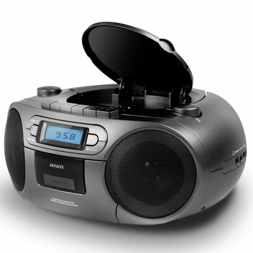 Aiwa BBTC-550MG Hordozható Retro Stílusú Kazetta, CD, MP3, USB, Bluetooth rádió, ezüstszürke színben