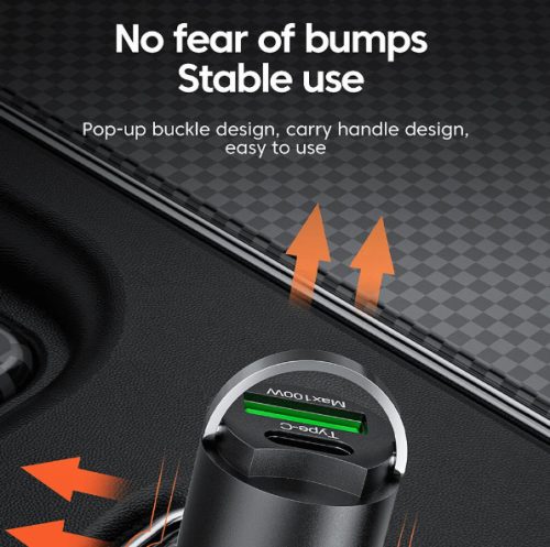 2 portos MAX 100W-os autós gyorstöltő adapter - 12/24V - USB-A + USB-C (PD/QC)