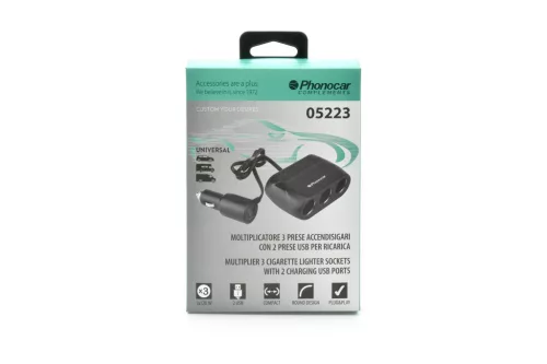 Phonocar 05223 Plug&Play szivargyújtó elosztó aljzat, 3 szivargyújtóra és 2 USB-re, 12/24V