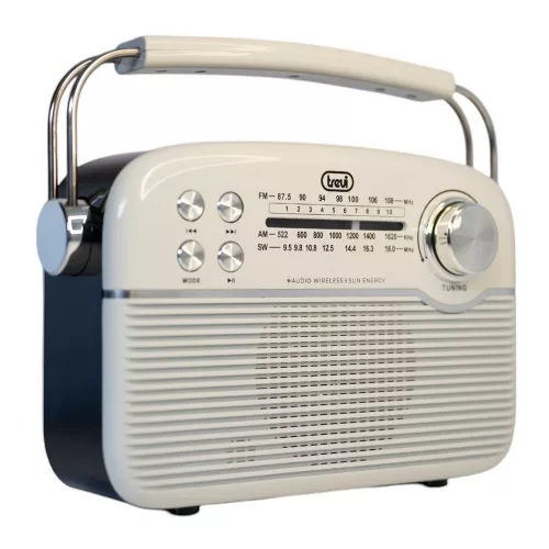 Trevi RA 7F50 BT Hordozható vintage napelemes rádió, Bluetooth-tal, USB és SD kártya bemenettel krémfehér színben