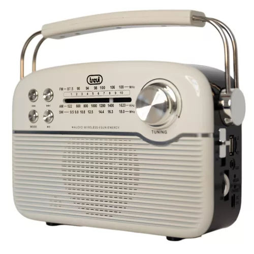 Trevi RA 7F50 BT Hordozható vintage napelemes rádió, Bluetooth-tal, USB és SD kártya bemenettel krémfehér színben