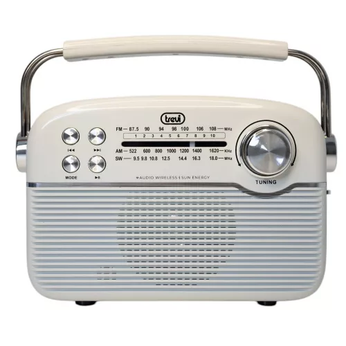 Trevi RA 7F50 BT Hordozható vintage napelemes rádió, Bluetooth-tal, USB és SD kártya bemenettel krémfehér színben