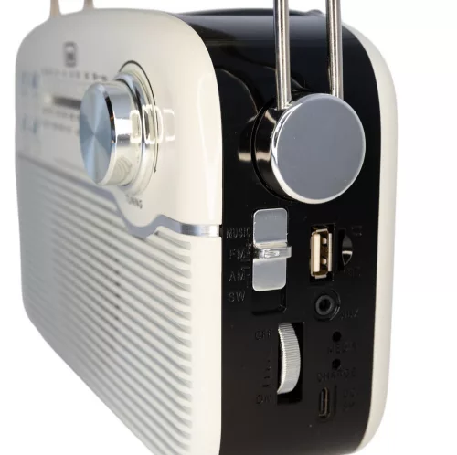 Trevi RA 7F50 BT Hordozható vintage napelemes rádió, Bluetooth-tal, USB és SD kártya bemenettel krémfehér színben