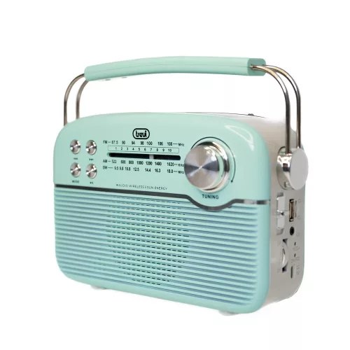 Trevi RA 7F50 BT Hordozható vintage napelemes rádió, Bluetooth-tal, USB és SD kártya bemenettel Tiffany zöld színben