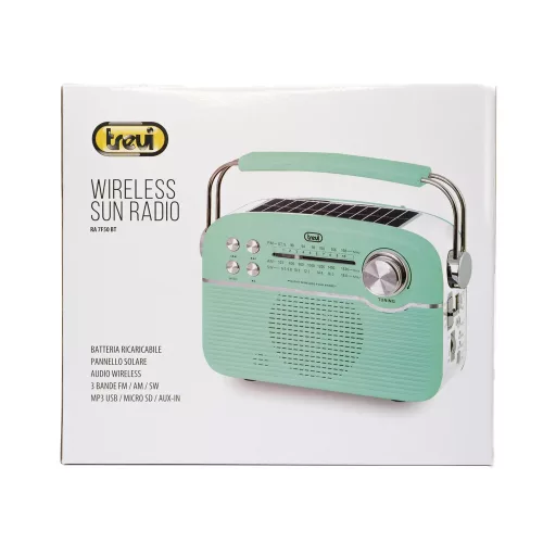 Trevi RA 7F50 BT Hordozható vintage napelemes rádió, Bluetooth-tal, USB és SD kártya bemenettel Tiffany zöld színben