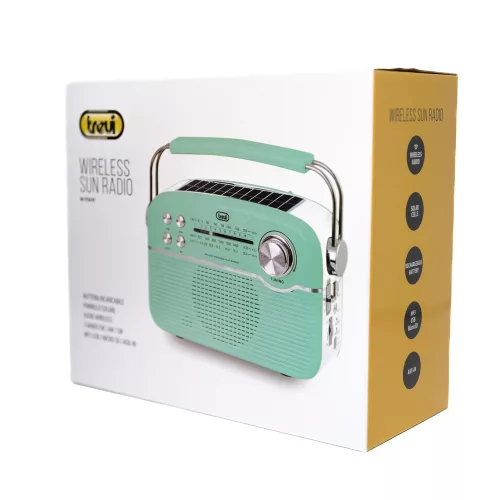 Trevi RA 7F50 BT Hordozható vintage napelemes rádió, Bluetooth-tal, USB és SD kártya bemenettel Tiffany zöld színben