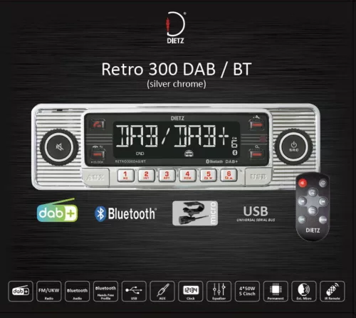 Dietz Retro 300DAB-BT Klasszikus megjelenésű, modern technológiájú autórádió a Retro szerelmeseinek ezüst-króm szín