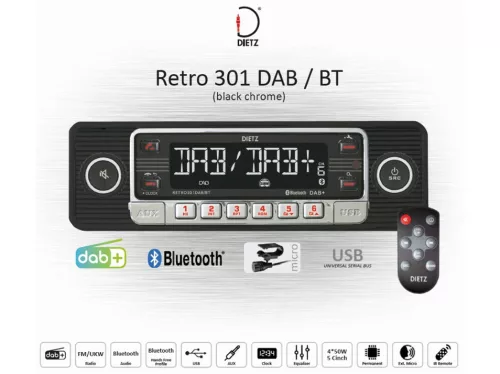 Dietz Retro 301DAB-BT Klasszikus megjelenésű, modern technológiájú autórádió a Retro szerelmeseinek, fekete-króm szín