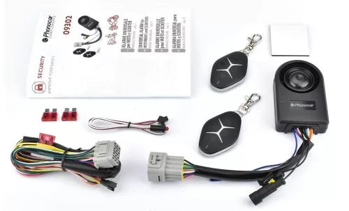 Phonocar 093021 – Univerzális motorkerékpár- és robogóriasztó, önálló szirénával és dupla motorzárral, sok extrával