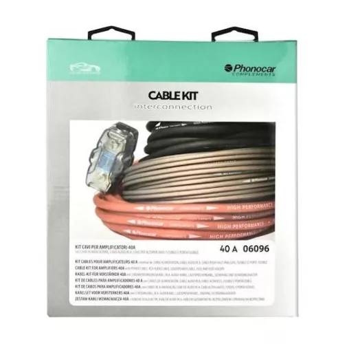 Phonocar 06096 Professzionális autóhifi kábelkészlet 40A, 8,5 mm² tápkábel, dupla árnyékolású RCA, könnyű telepítés