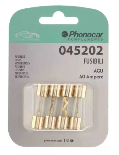 Phonocar 045202 Prémium üveg biztosíték 40A prémium aranyozott végekkel, autóhifi rendszerekhez, 4 db-os csomag