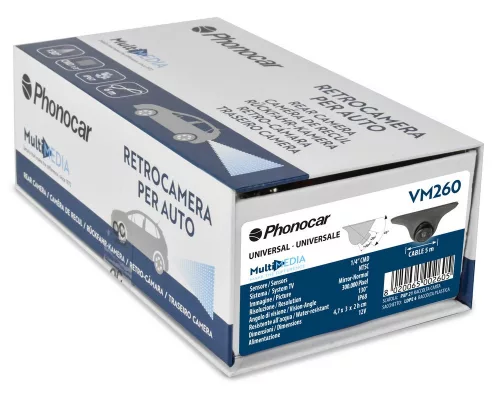 Phonocar VM260 univerzális tolatókamera 130° látószöggel, IP67, 5 m videókábel, segédvonal funkció