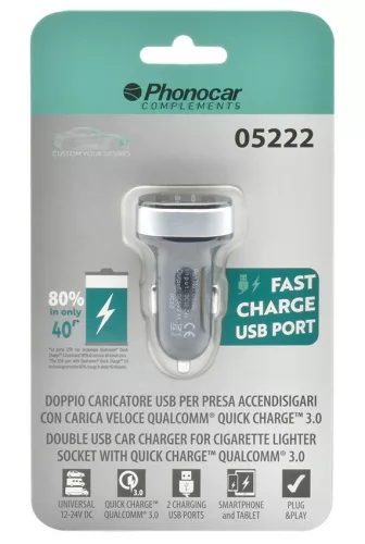 Phonocar 05222 USB autós töltő 2 porttal, QC3.0 gyorstöltéssel, 12/24V kompatibilitás