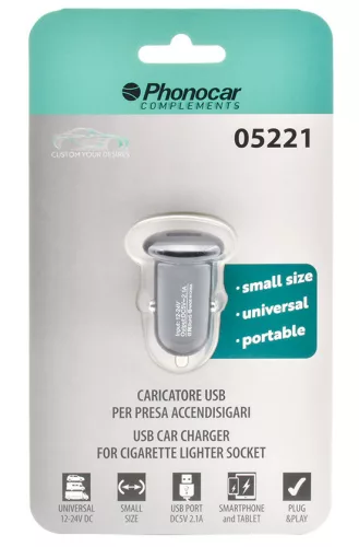 Phonocar 05221 USB autós töltő 2.1A egy USB porttal 12/24V szivargyújtóhoz fekete