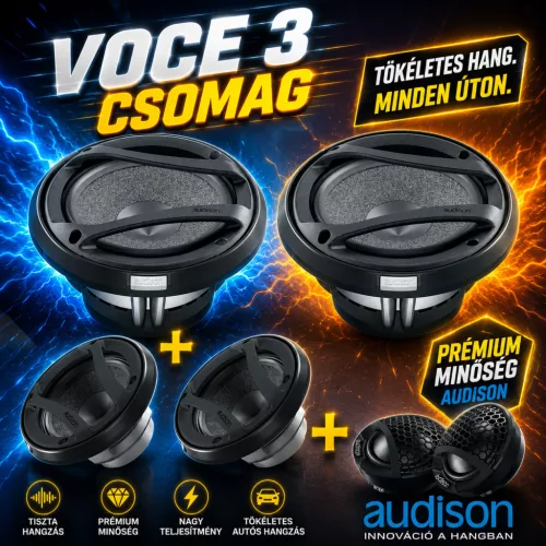 Audison Voce 3 csomag - AV 1 magassugárzópár + AV 3 középhangszórópár + AV 6.5 mélyközép-hangszóró