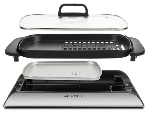 G3 Ferrari G10234 elektromos BBQ sütő 40×30 cm tapadásmentes sütőlappal, üveg fedővel, 2000 W
