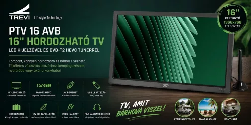 Trevi PTV 16 AVB GULLIVER hordozható LED TV 15,6" HD 1366×768, DVB-T2, HDMI/USB/SD/AV, 12V/230V/akku