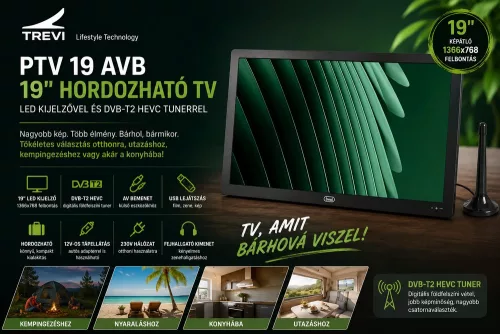Trevi PTV 19 AVB GULLIVER hordozható TV 19” (48,2 cm) DVB-T2, HDMI/USB/SD/AV, akkumulátoros, 12V