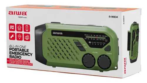 Aiwa R-99EM hordozható vészhelyzeti rádió AM/FM, napelem+dínamó+USB-C, 2000 mAh, IPX4