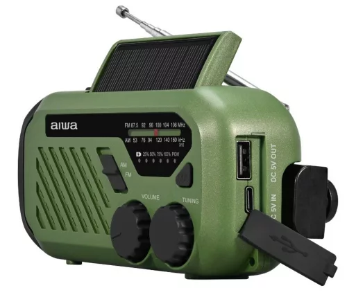 Aiwa R-99EM hordozható vészhelyzeti rádió AM/FM, napelem+dínamó+USB-C, 2000 mAh, IPX4