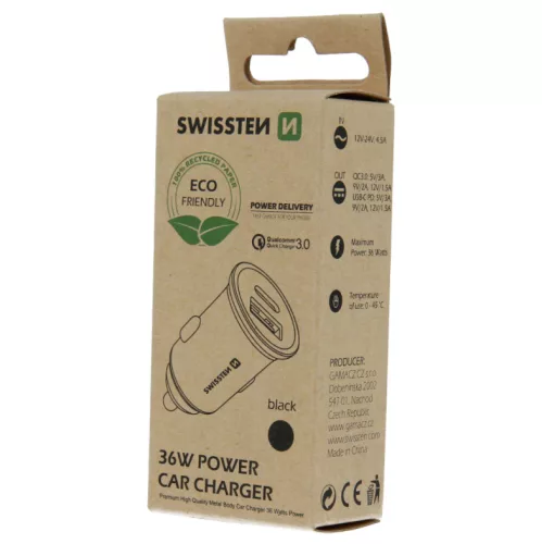 USB adapter 1x + USB-C Quick Charge 36W (fém, fekete)