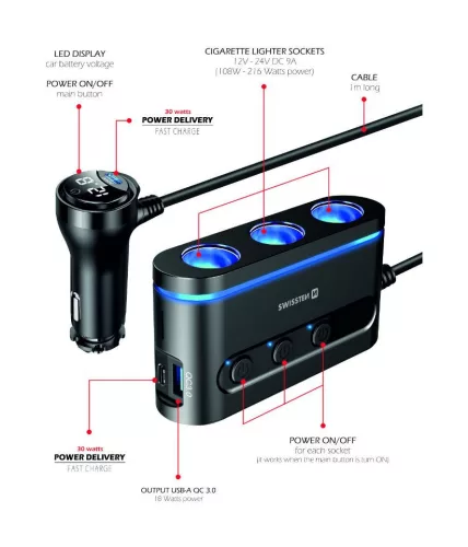 Szivargyújtó elosztó + 2x USB-C + 1x USB