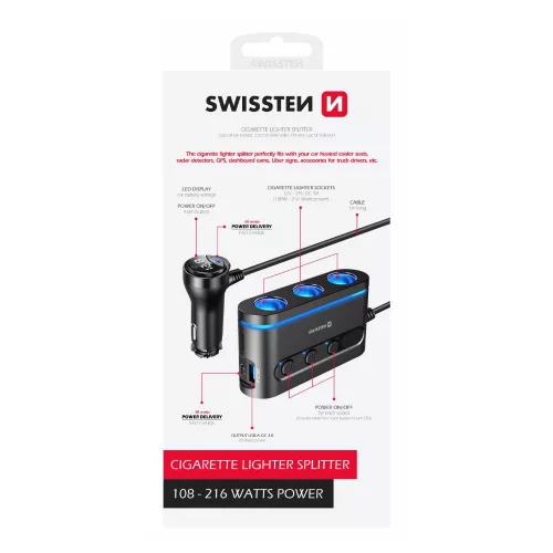 Szivargyújtó elosztó + 2x USB-C + 1x USB