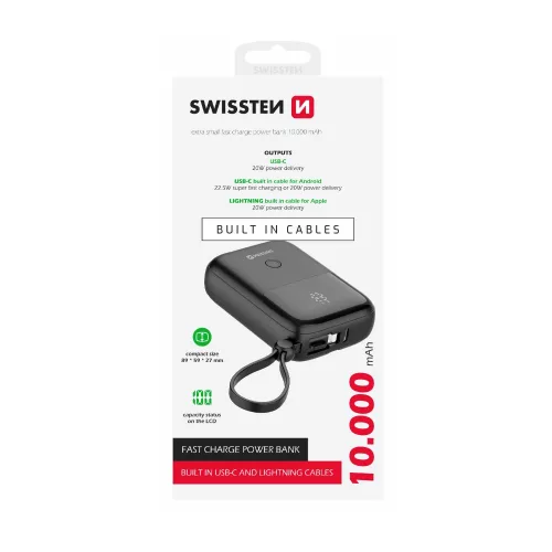 Swissten 10000mAh powerbank (beépített kábelek)