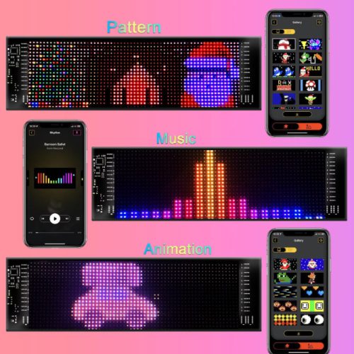 Matrix Pixel LED panel, Bluetooth vezérlés, Alkalmazással programozható, 16x64 LED, 9.5x37.5cm, vízálló