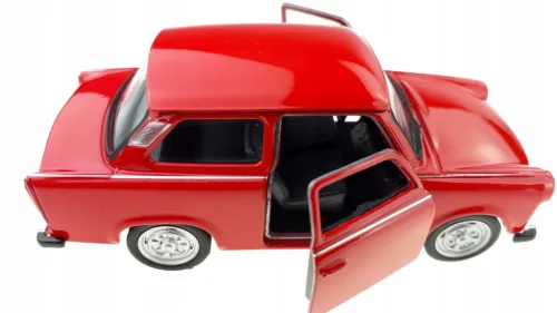 Makett autó, 01:34, PRL 601 Trabant, piros.