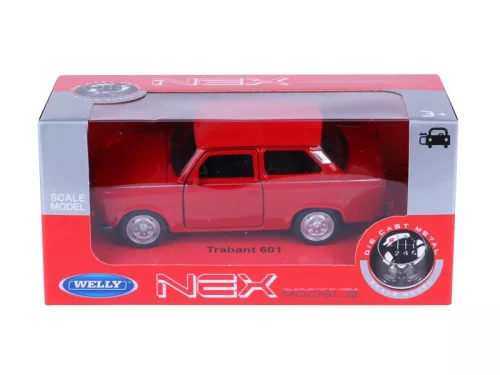 Makett autó, 01:34, PRL 601 Trabant, piros.