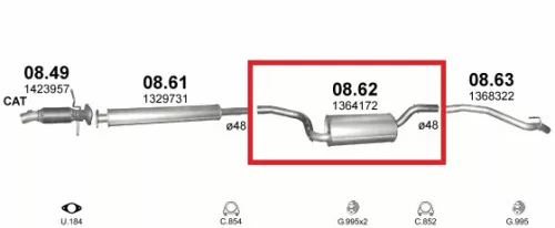 Polmo középső kipufogódob, Ford C-Max, Focus, Volvo C30, V50, S40, 1.6-2.0, 2003-2012.05