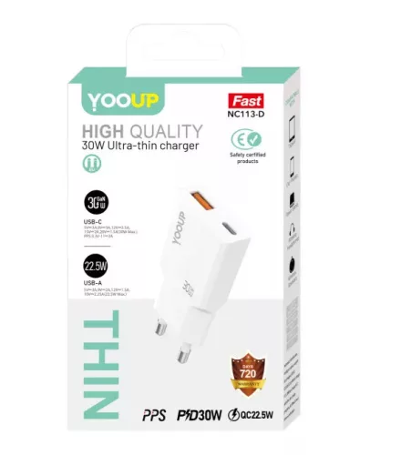 YOOUP 30W Ultra vékony - Dupla hálózati töltő (USB/TYPE-C PD) NC113-D
